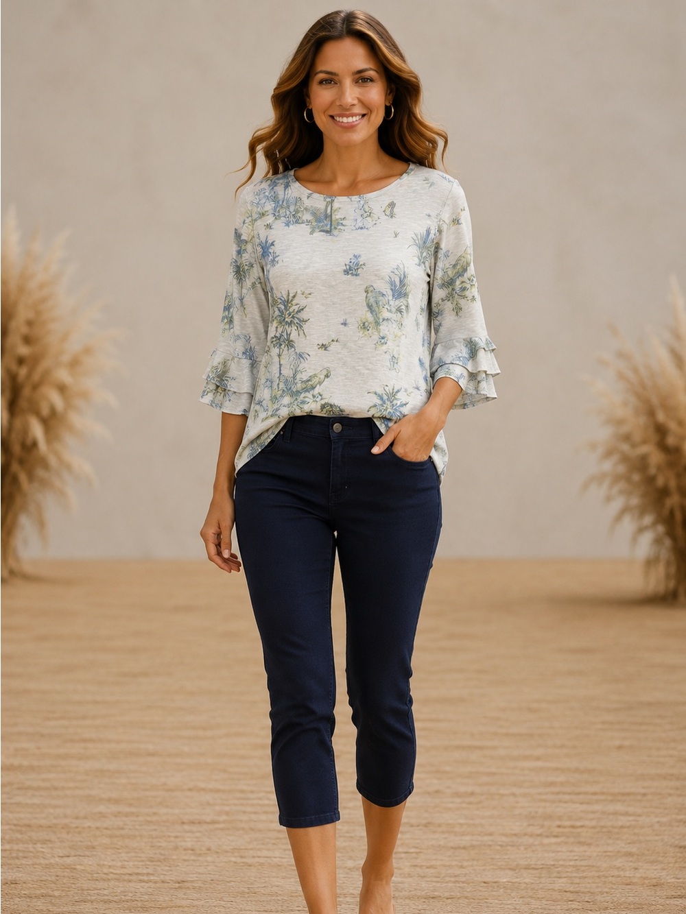 j. jill tropical parrot print linen blend bell sleeve top size large